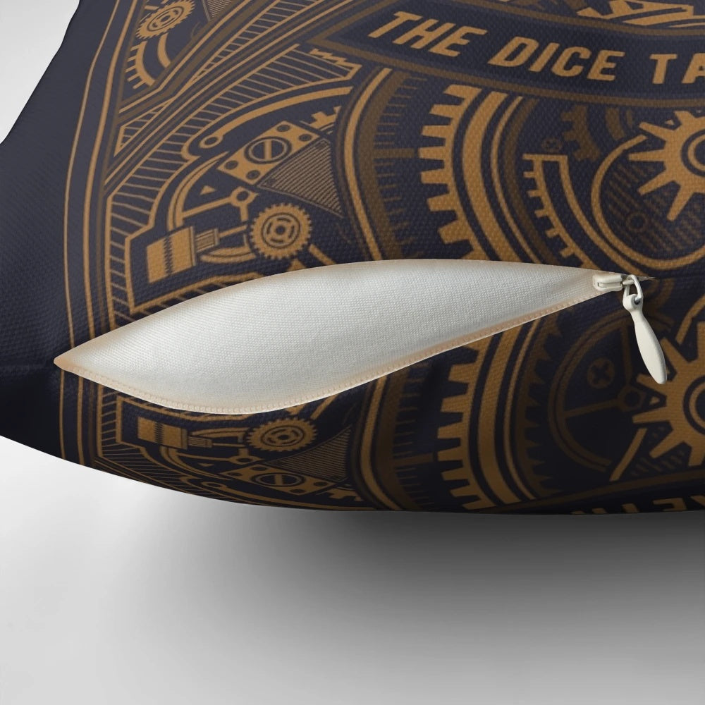 Steampunk-themed polyhedral dice set printed on a cozy pillow for tabletop RPG enthusiasts.