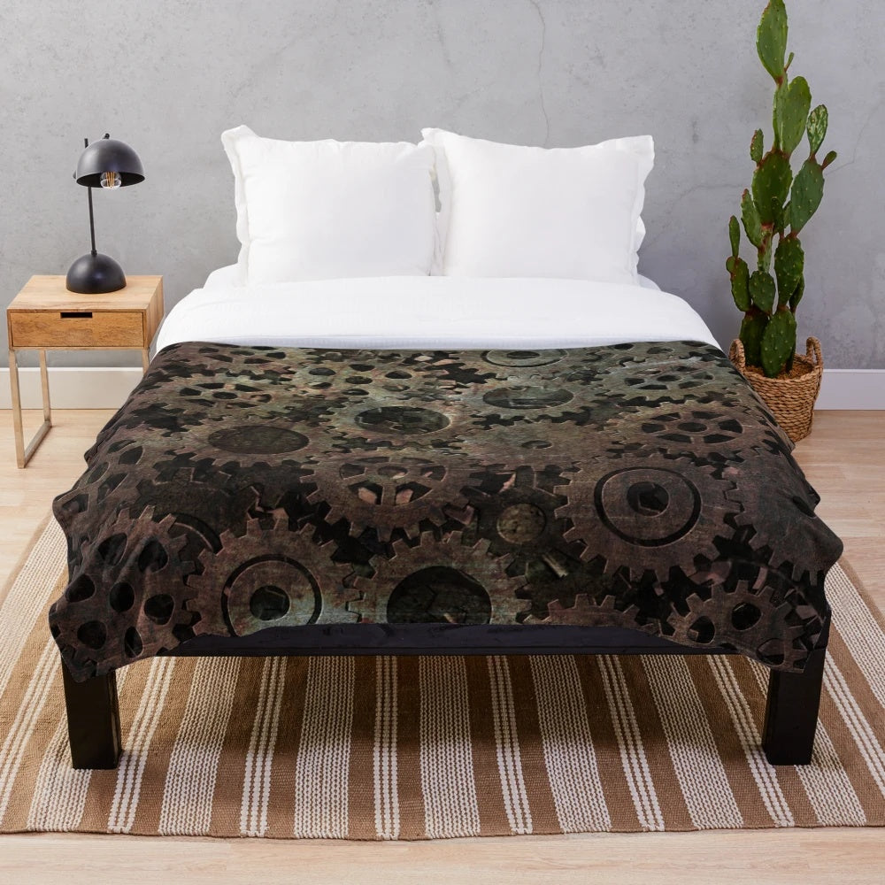Steampunk gears plush blanket with intricate metal artwork design