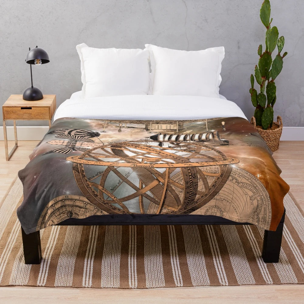 Steampunk-inspired plush blanket featuring an airship design