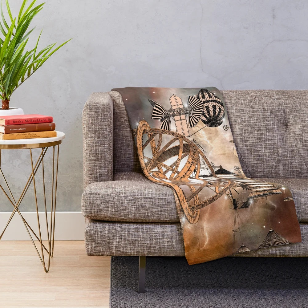 Steampunk-inspired plush blanket featuring an airship design