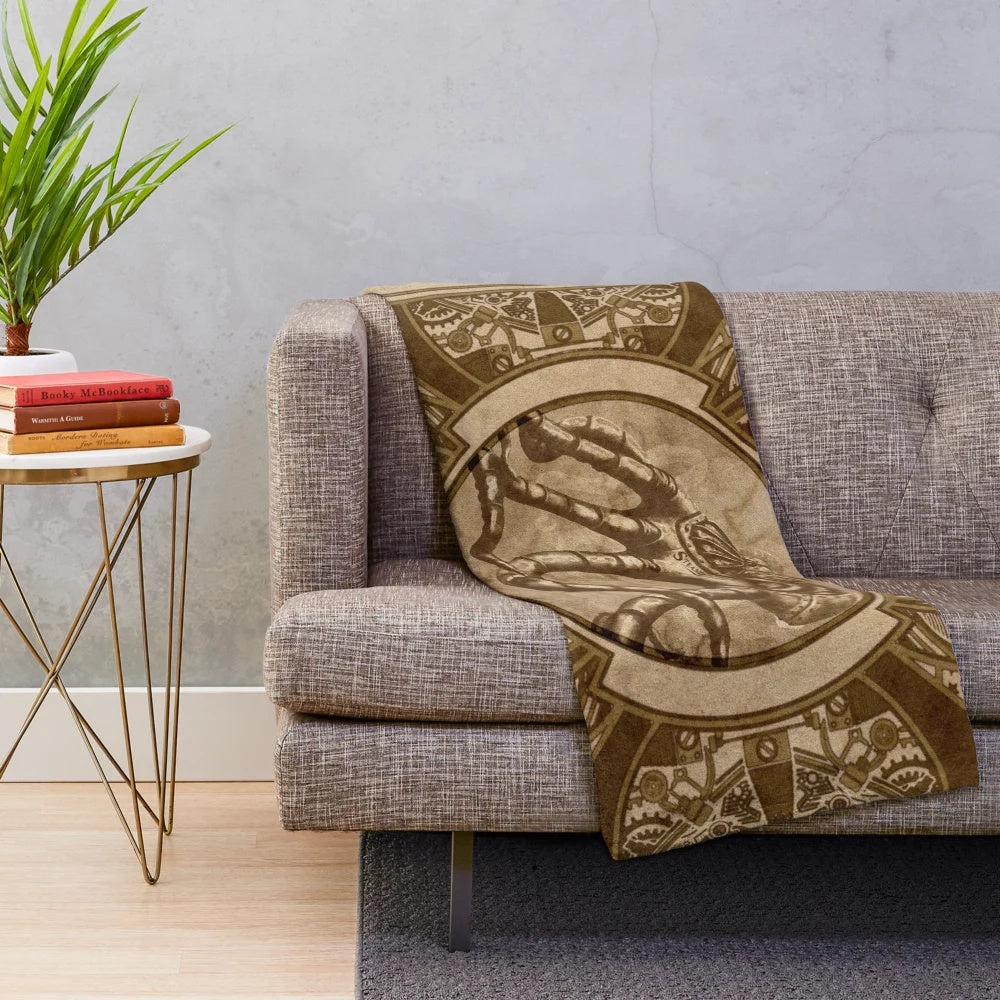 Steampunk inspired plush blanket featuring a detailed octopus design with gears and cogs
