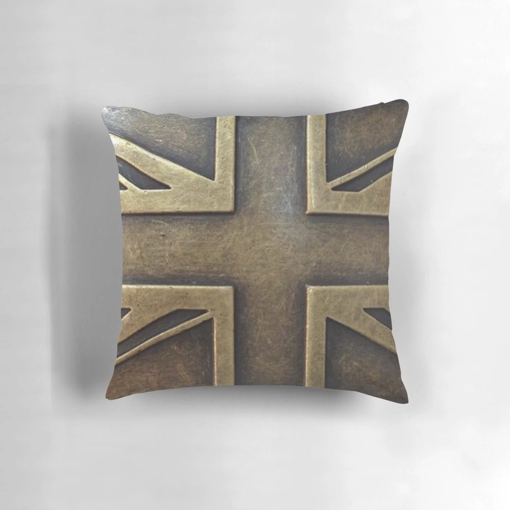 Steampunk Union Jack brass throw pillow with gears, cogs, and industrial elements
