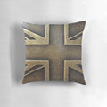 Steampunk Union Jack brass throw pillow with gears, cogs, and industrial elements