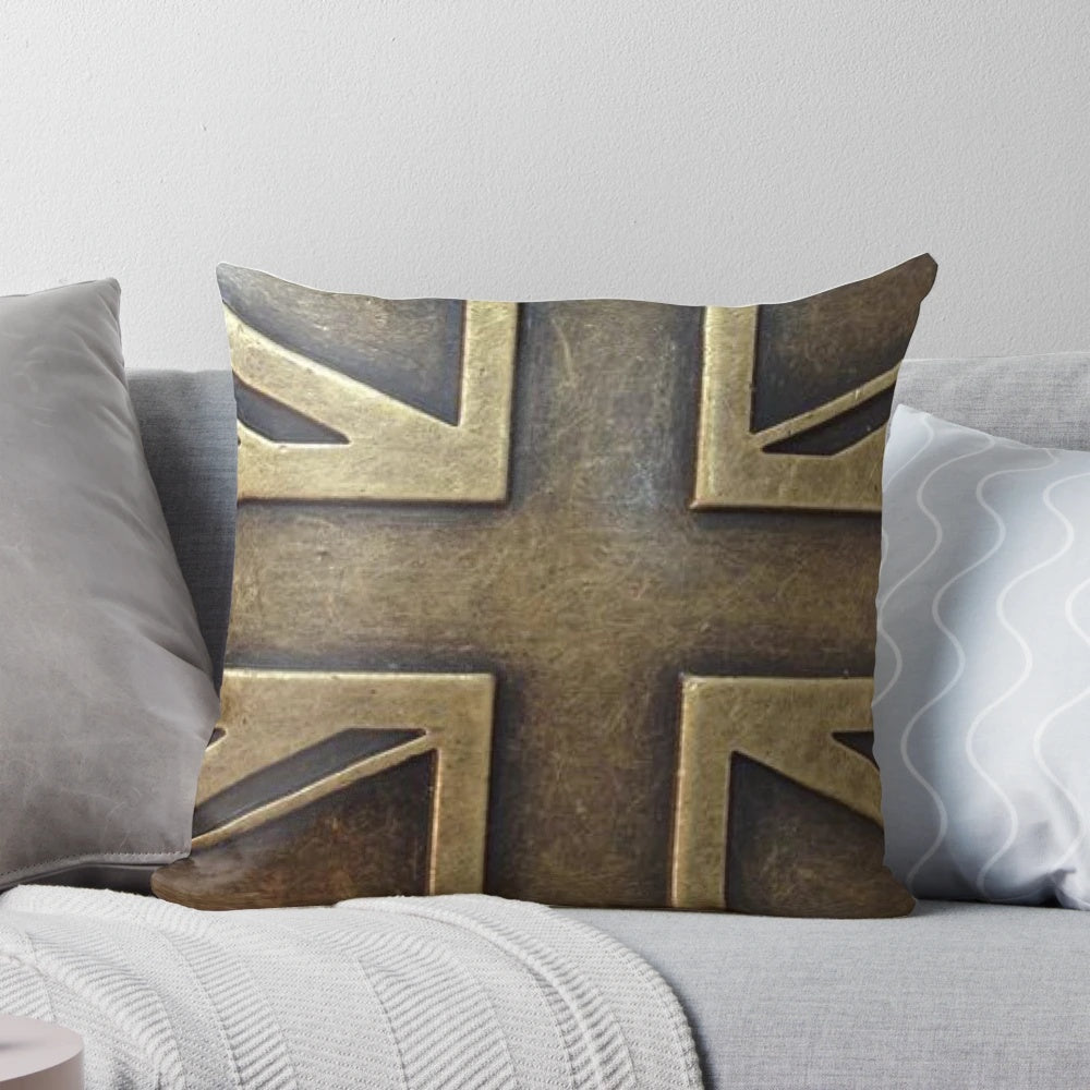 Steampunk Union Jack brass throw pillow with gears, cogs, and industrial elements