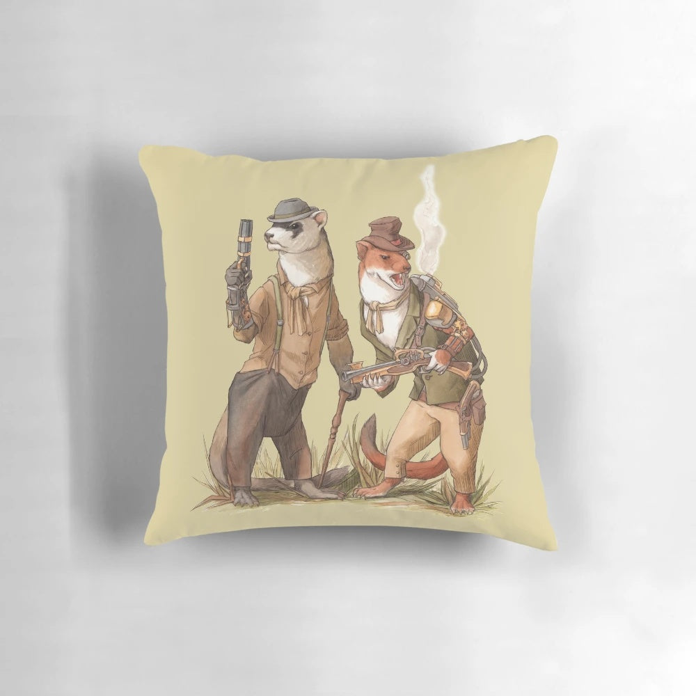 Steampunk-inspired watercolor illustration of weasels on a throw pillow with a steam-powered design.