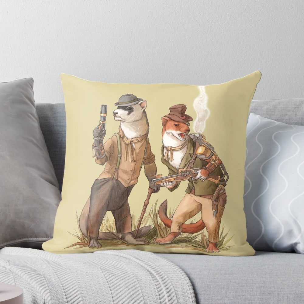 Steampunk-inspired watercolor illustration of weasels on a throw pillow with a steam-powered design.