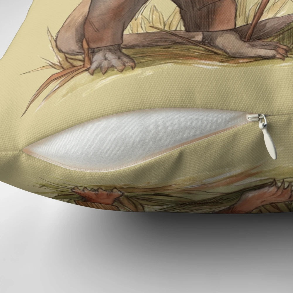 Steampunk-inspired watercolor illustration of weasels on a throw pillow with a steam-powered design.