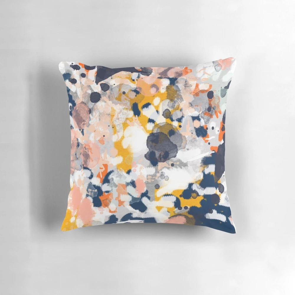 Stella - Vibrant abstract painting design decorative pillow in modern navy, orange, pink, cream, and gold colors