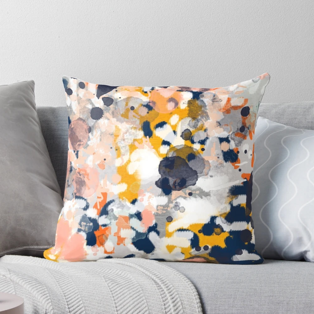 Stella - Vibrant abstract painting design decorative pillow in modern navy, orange, pink, cream, and gold colors