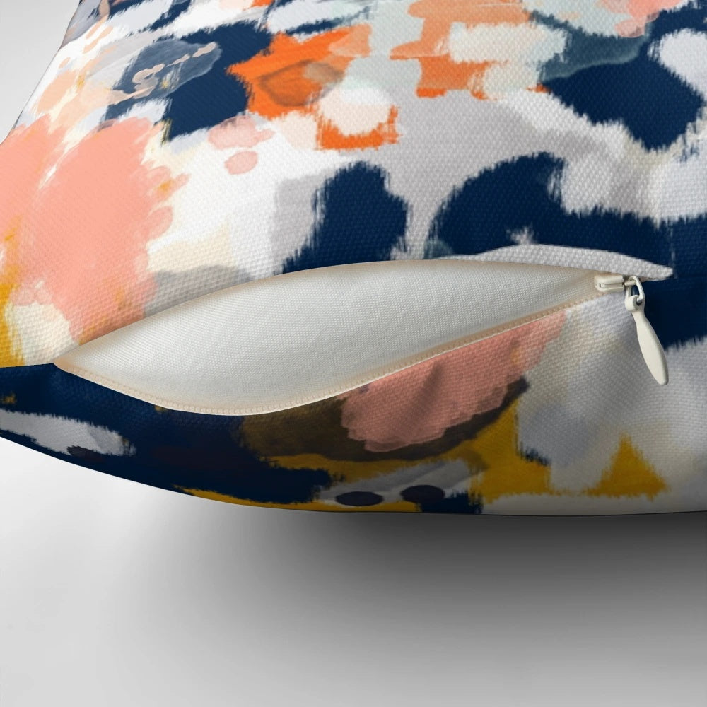 Stella - Vibrant abstract painting design decorative pillow in modern navy, orange, pink, cream, and gold colors