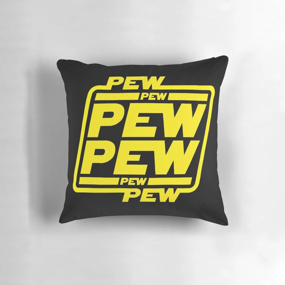 A vibrant yellow and blue nebula-themed decorative pillow with a "pew pew" graphic design.