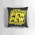 A vibrant yellow and blue nebula-themed decorative pillow with a "pew pew" graphic design.