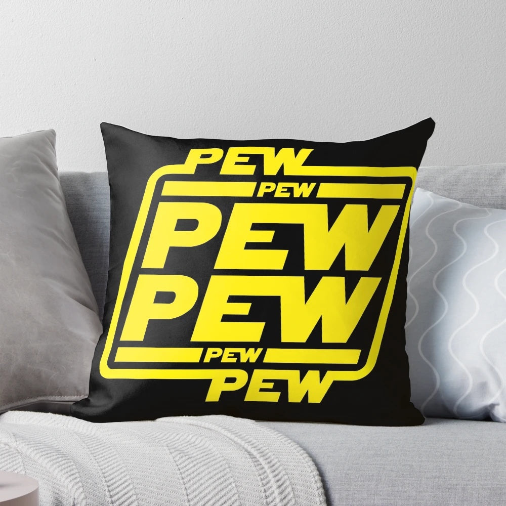 A vibrant yellow and blue nebula-themed decorative pillow with a "pew pew" graphic design.