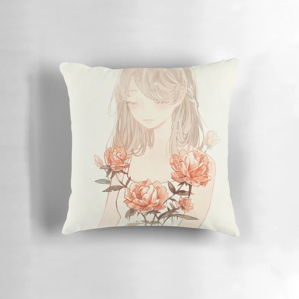 Stem. Floral Pillow with Decorative Girl and Flower Design