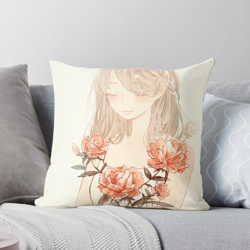 Stem. Floral Pillow with Decorative Girl and Flower Design