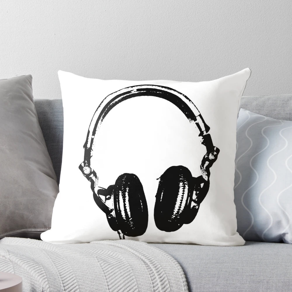 Stylish stencil-inspired pillow with black and white DJ headphones graphic