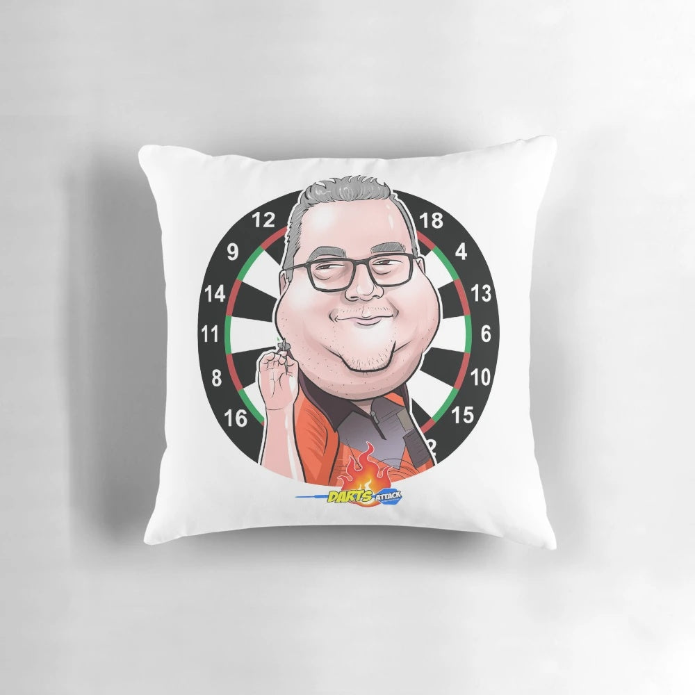Caricature of darts player Stephen Bunting, known as "The Bullet", printed on a decorative pillow.