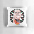 Caricature of darts player Stephen Bunting, known as "The Bullet", printed on a decorative pillow.