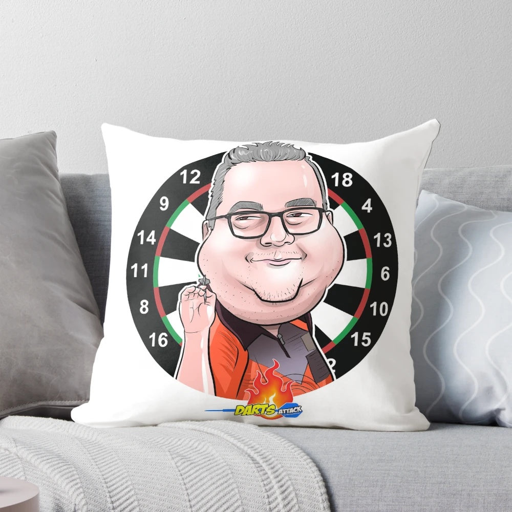 Caricature of darts player Stephen Bunting, known as "The Bullet", printed on a decorative pillow.
