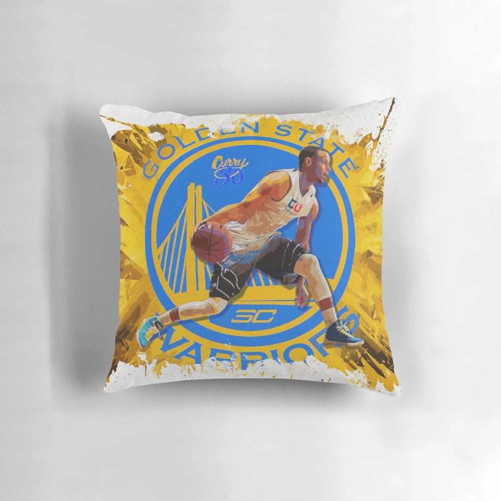 A plush pillow featuring an image of NBA star Stephen Curry in action on the basketball court.