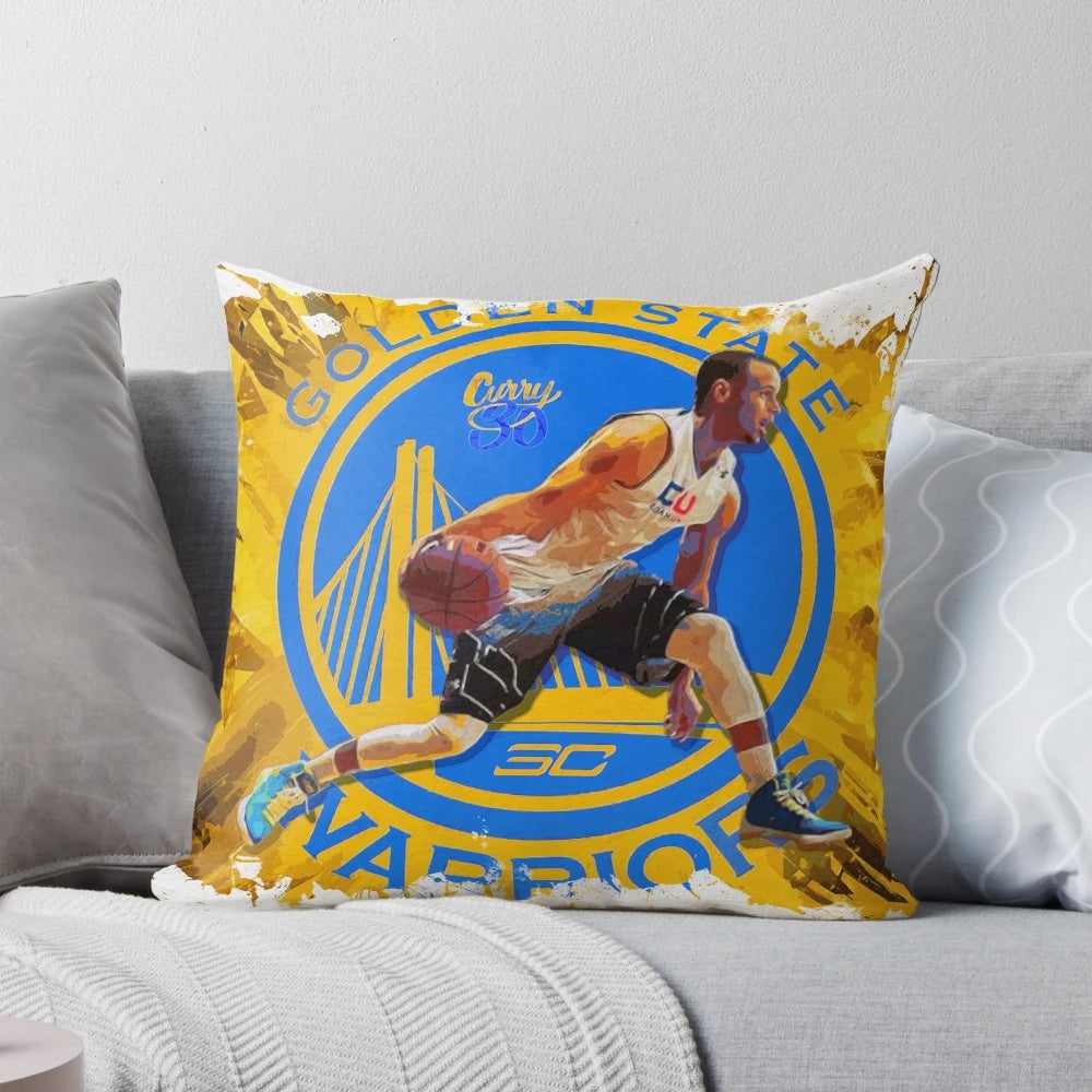 A plush pillow featuring an image of NBA star Stephen Curry in action on the basketball court.