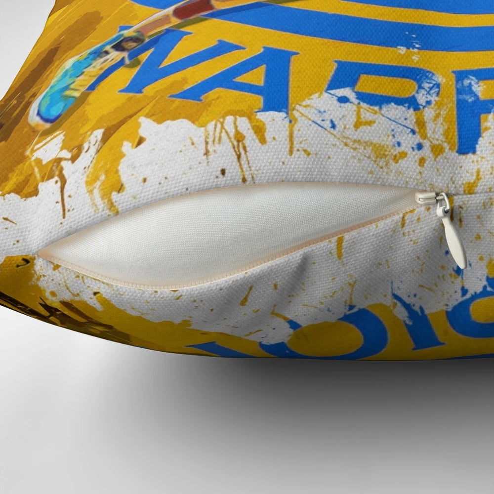 A plush pillow featuring an image of NBA star Stephen Curry in action on the basketball court.