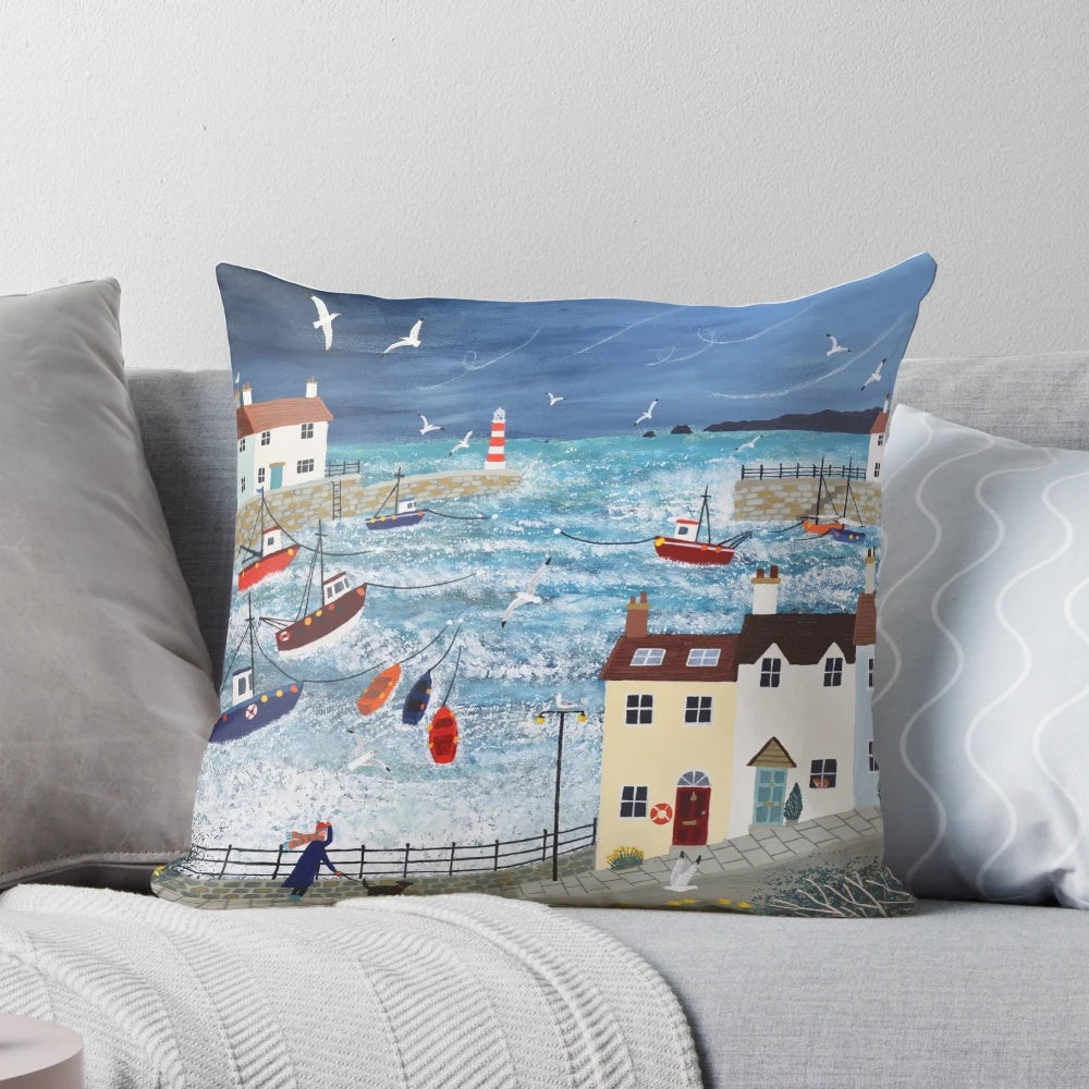 Stormy Harbour Pillow featuring a captivating seascape with a harbour scene in contemporary style.