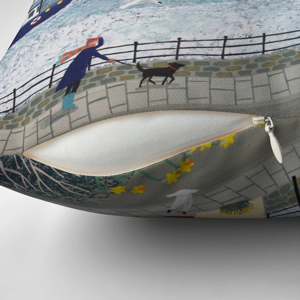 Stormy Harbour Pillow featuring a captivating seascape with a harbour scene in contemporary style.