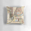 A cozy pillow depicting Lady Woodmouse preparing Primrose for bed in the British countryside.