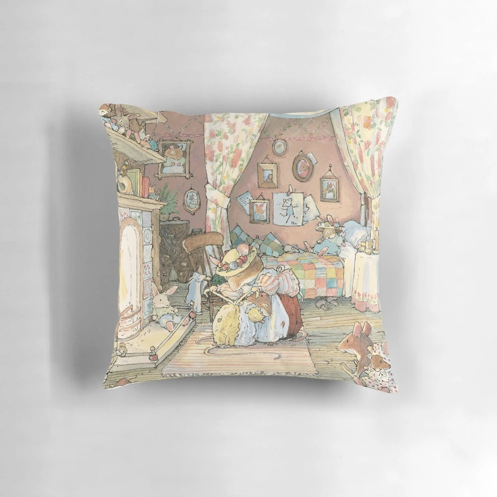 A cozy pillow depicting Lady Woodmouse preparing Primrose for bed in the British countryside.