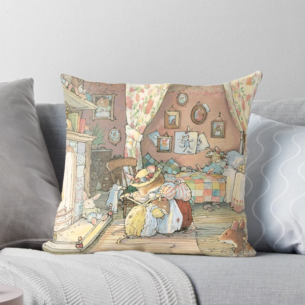 A cozy pillow depicting Lady Woodmouse preparing Primrose for bed in the British countryside.