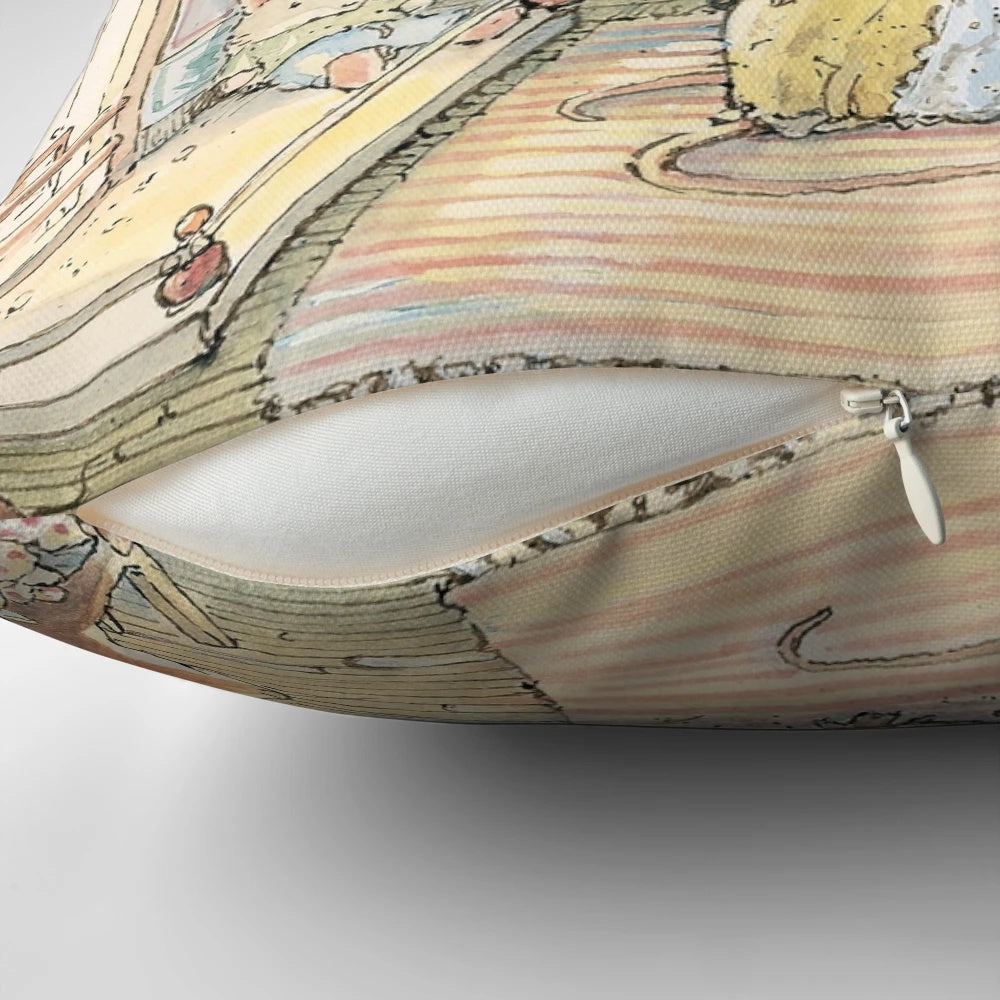 A cozy pillow depicting Lady Woodmouse preparing Primrose for bed in the British countryside.