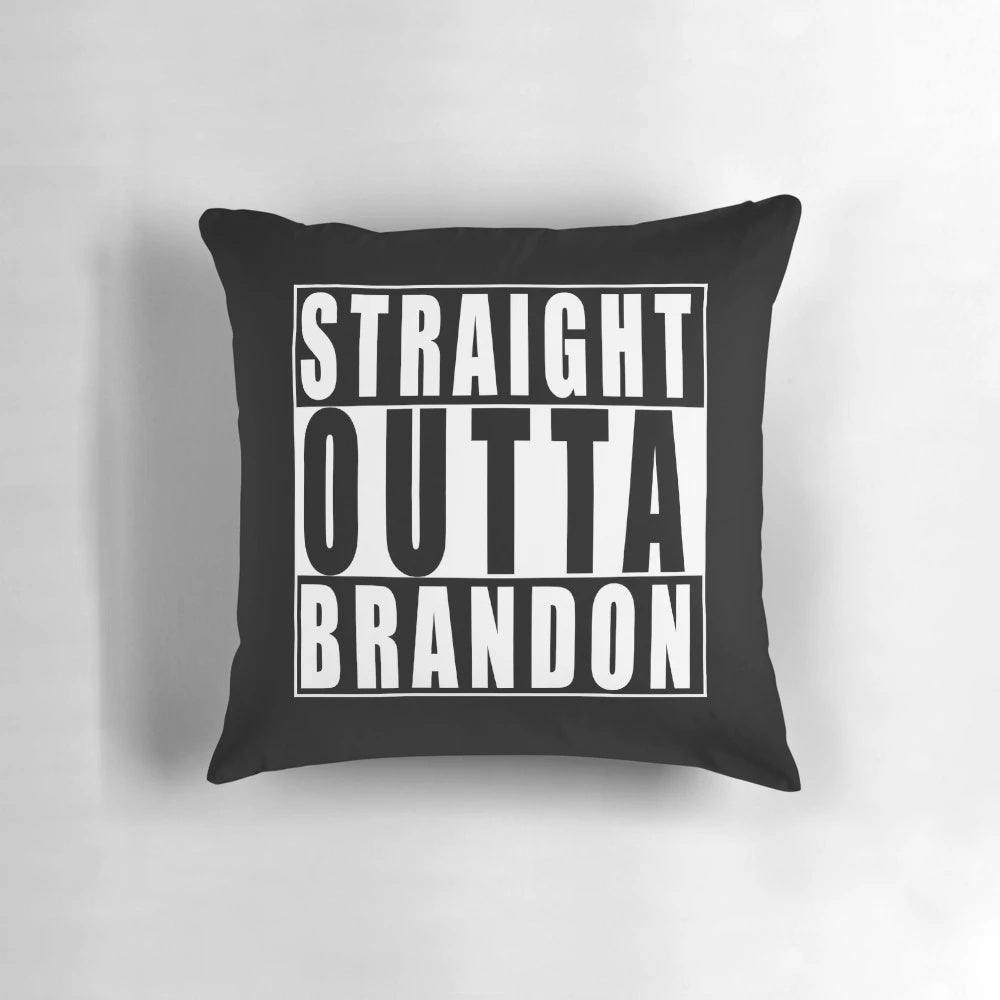 A stylish, high-quality pillow featuring the Straight Outta Brandon, United Kingdom design for hip hop and music fans.