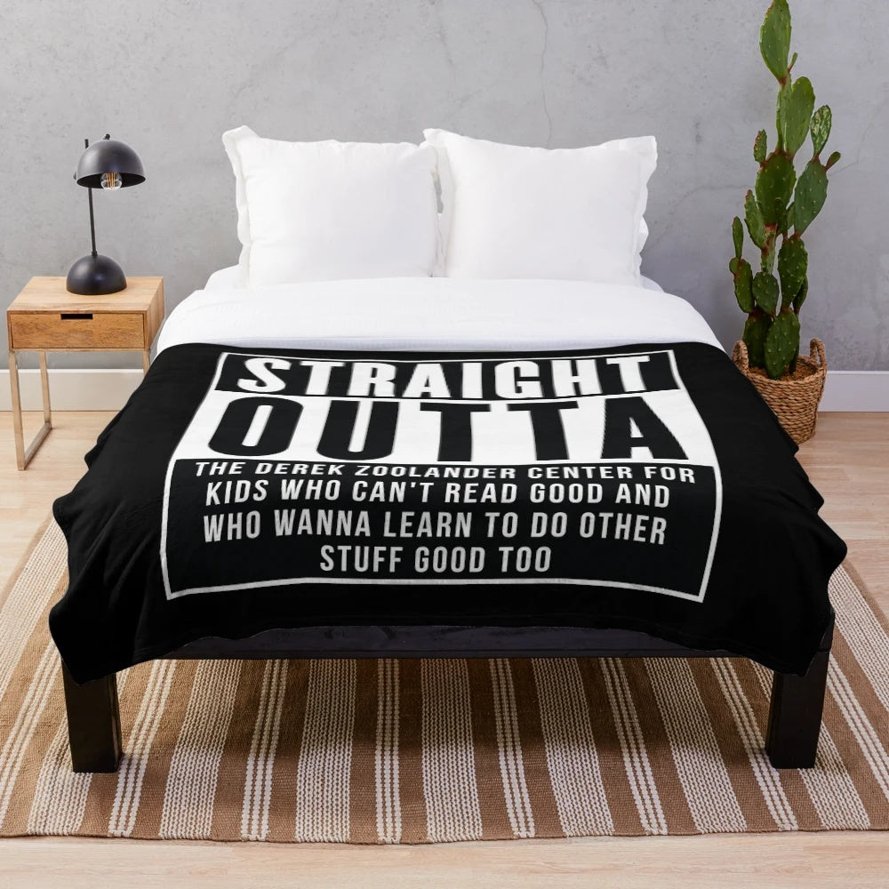 Straight Outta Zoolander parody plush blanket featuring Derek Zoolander and NWA-inspired design
