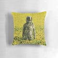 Surreal pillow design featuring a cosmic, lost in nature scene with a sunflower field and bright colors.