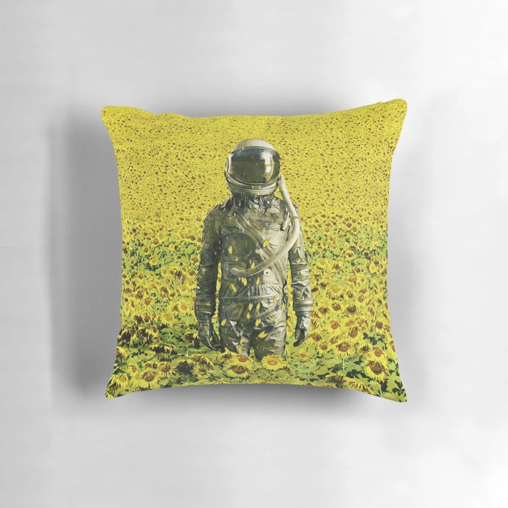 Surreal pillow design featuring a cosmic, lost in nature scene with a sunflower field and bright colors.
