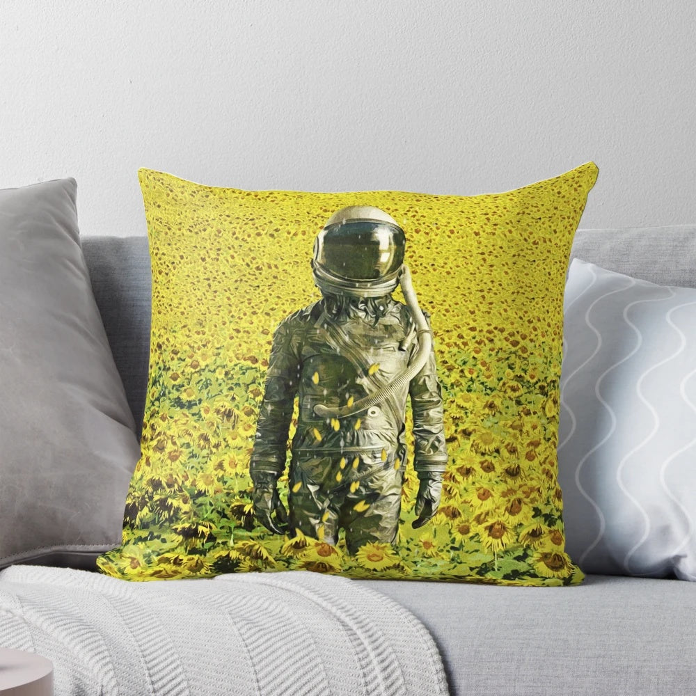 Surreal pillow design featuring a cosmic, lost in nature scene with a sunflower field and bright colors.