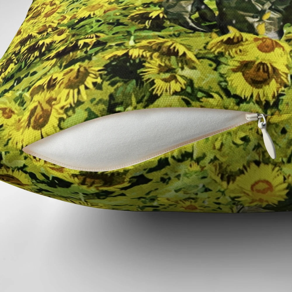 Surreal pillow design featuring a cosmic, lost in nature scene with a sunflower field and bright colors.