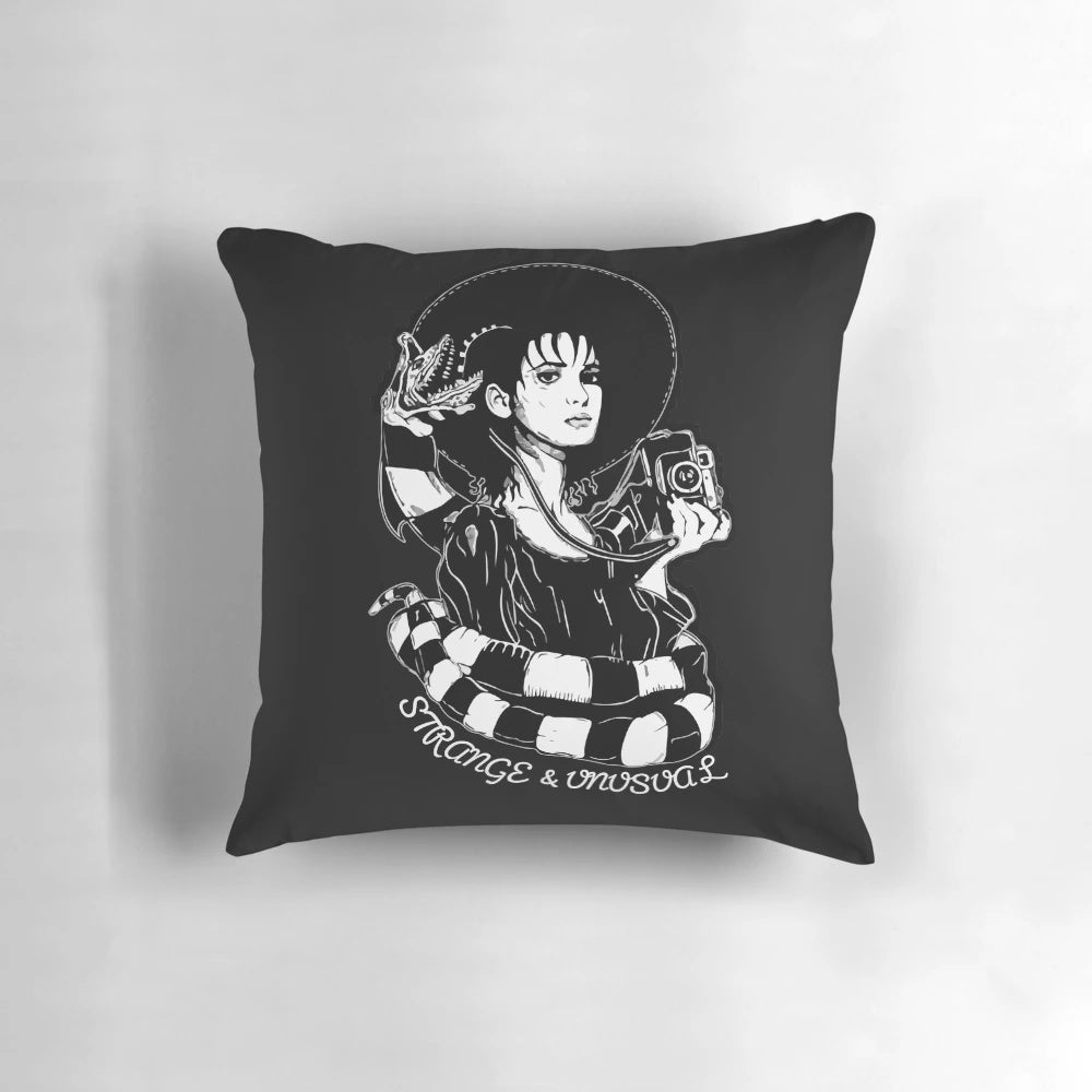 A gothic-inspired Lydia Deetz pillow featuring a bold, creepy, and unusual design perfect for fans of Tim Burton's Beetlejuice.