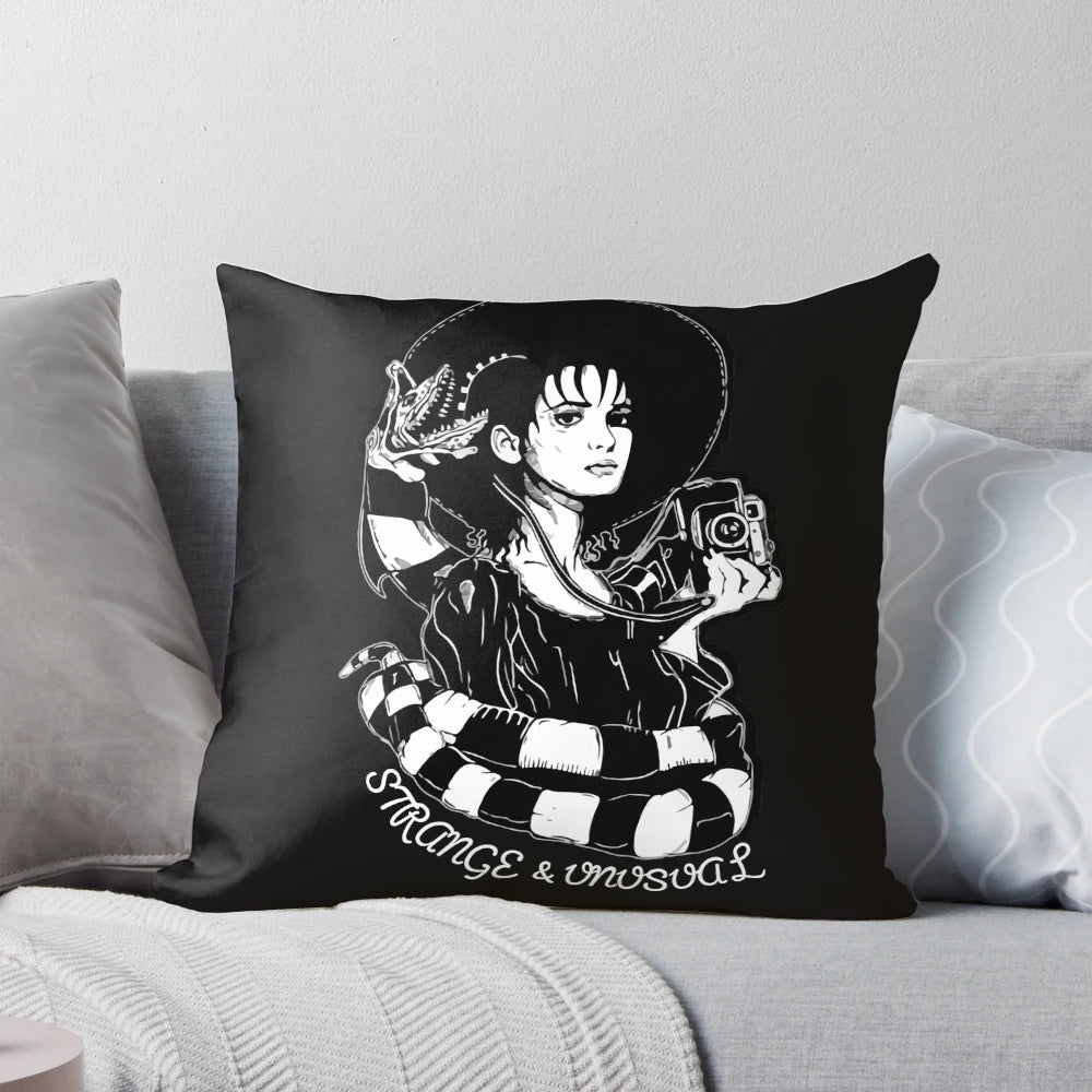 A gothic-inspired Lydia Deetz pillow featuring a bold, creepy, and unusual design perfect for fans of Tim Burton's Beetlejuice.
