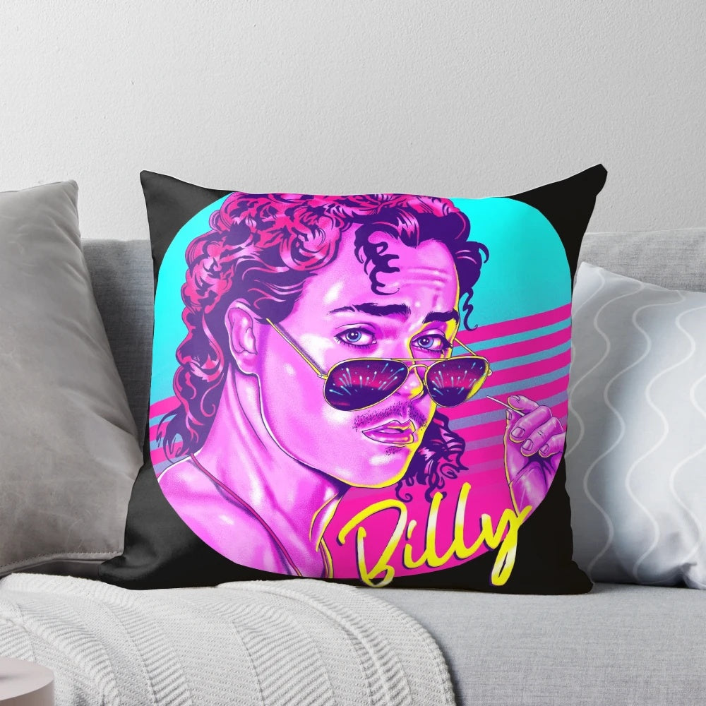 Stranger Things inspired Billy Hargrove fan art design printed on a soft, comfortable pillow.
