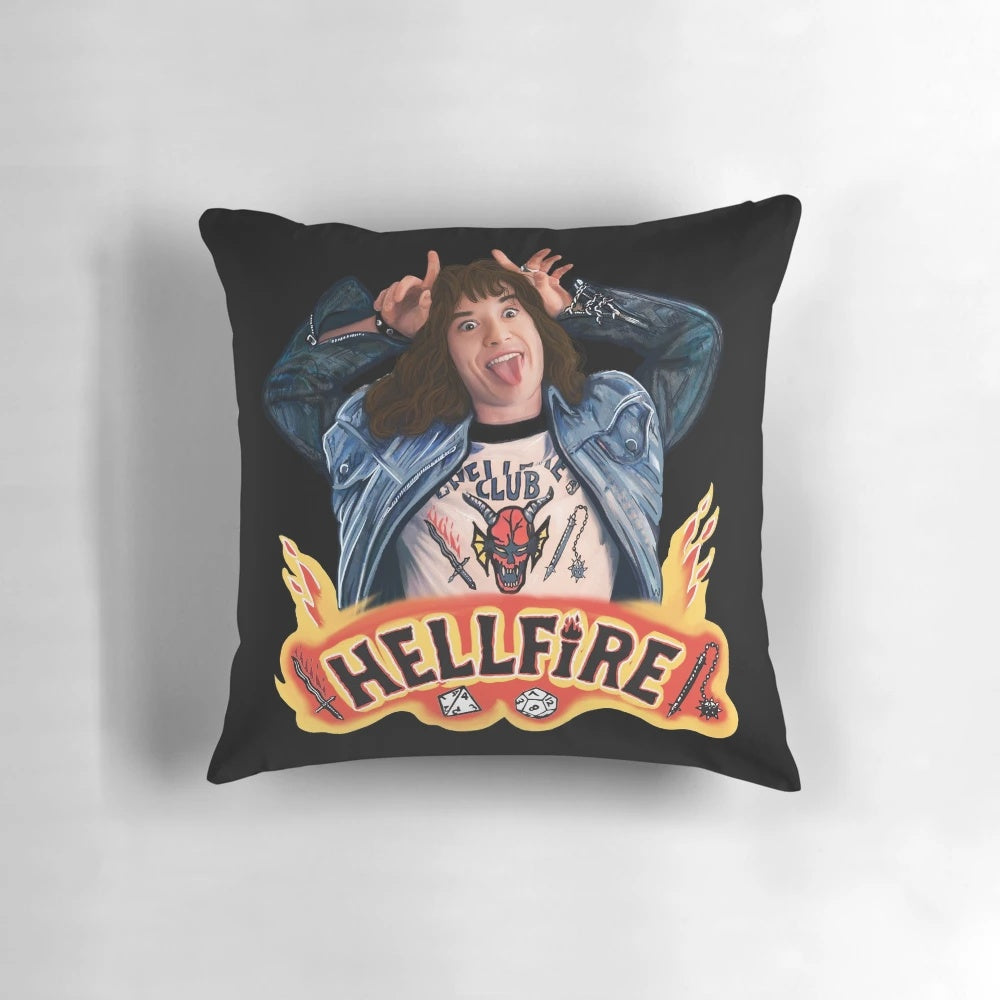 Stranger Things Eddie Munson Hellfire Club Shirt Design Pillow featuring a graphic of the Hellfire Club logo from the hit Netflix series.
