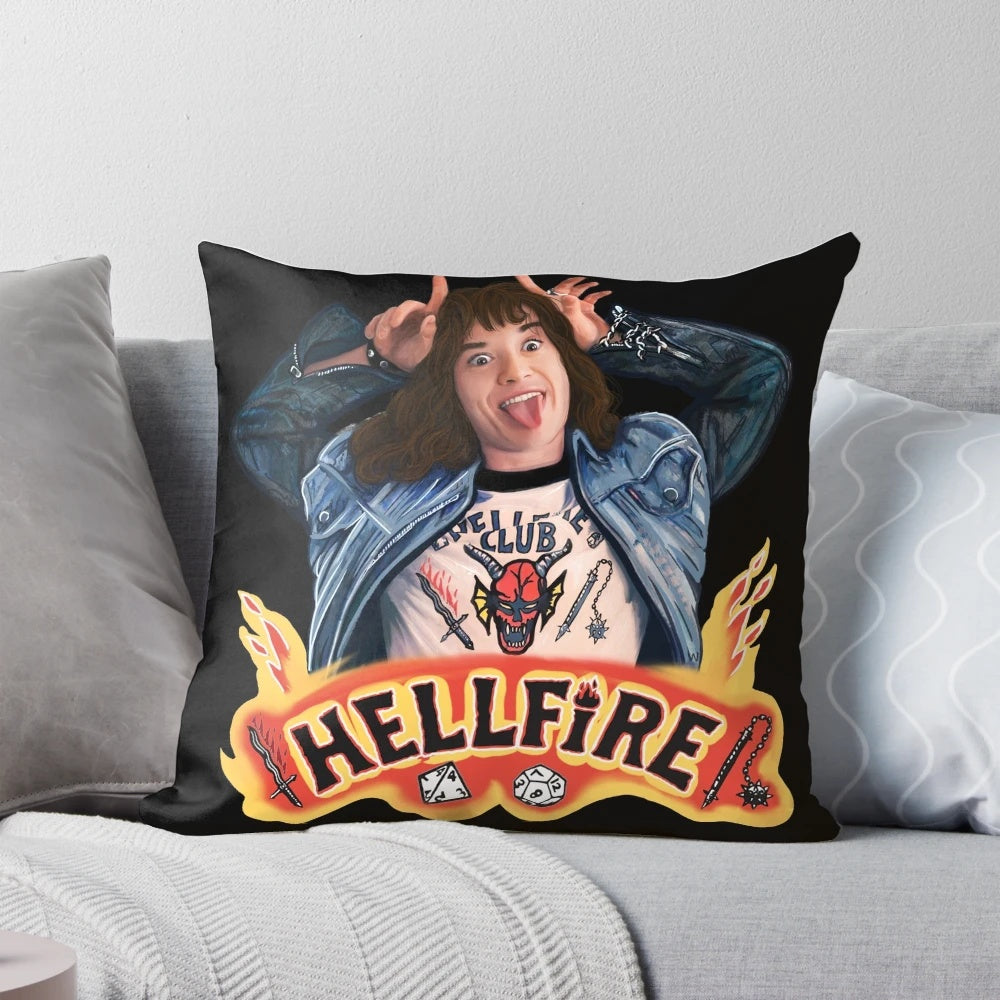 Stranger Things Eddie Munson Hellfire Club Shirt Design Pillow featuring a graphic of the Hellfire Club logo from the hit Netflix series.