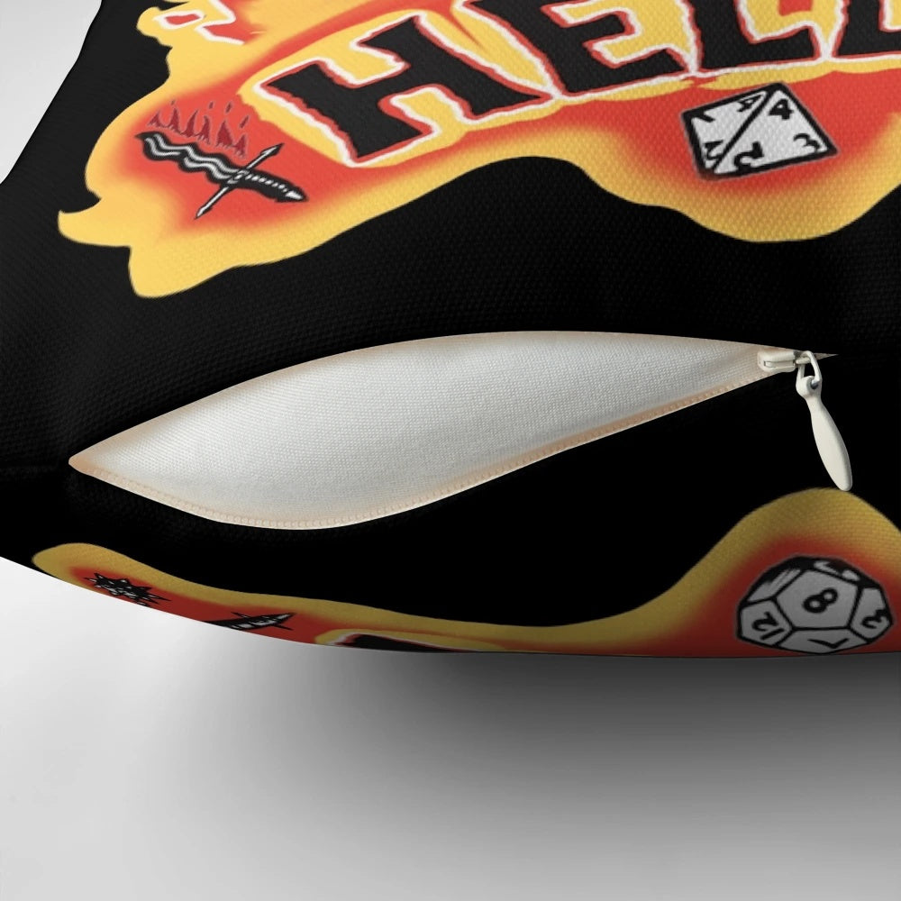 Stranger Things Eddie Munson Hellfire Club Shirt Design Pillow featuring a graphic of the Hellfire Club logo from the hit Netflix series.