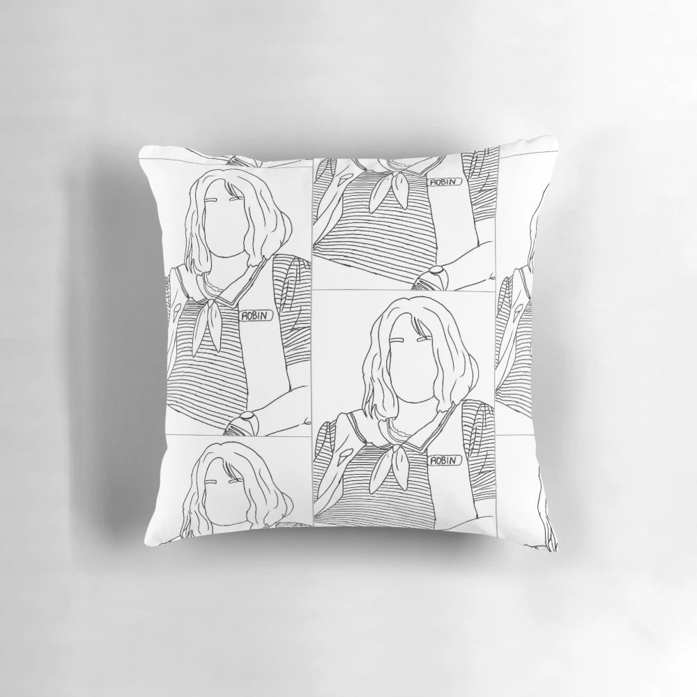 Illustration of Robin Buckley from Stranger Things on a black and white throw pillow