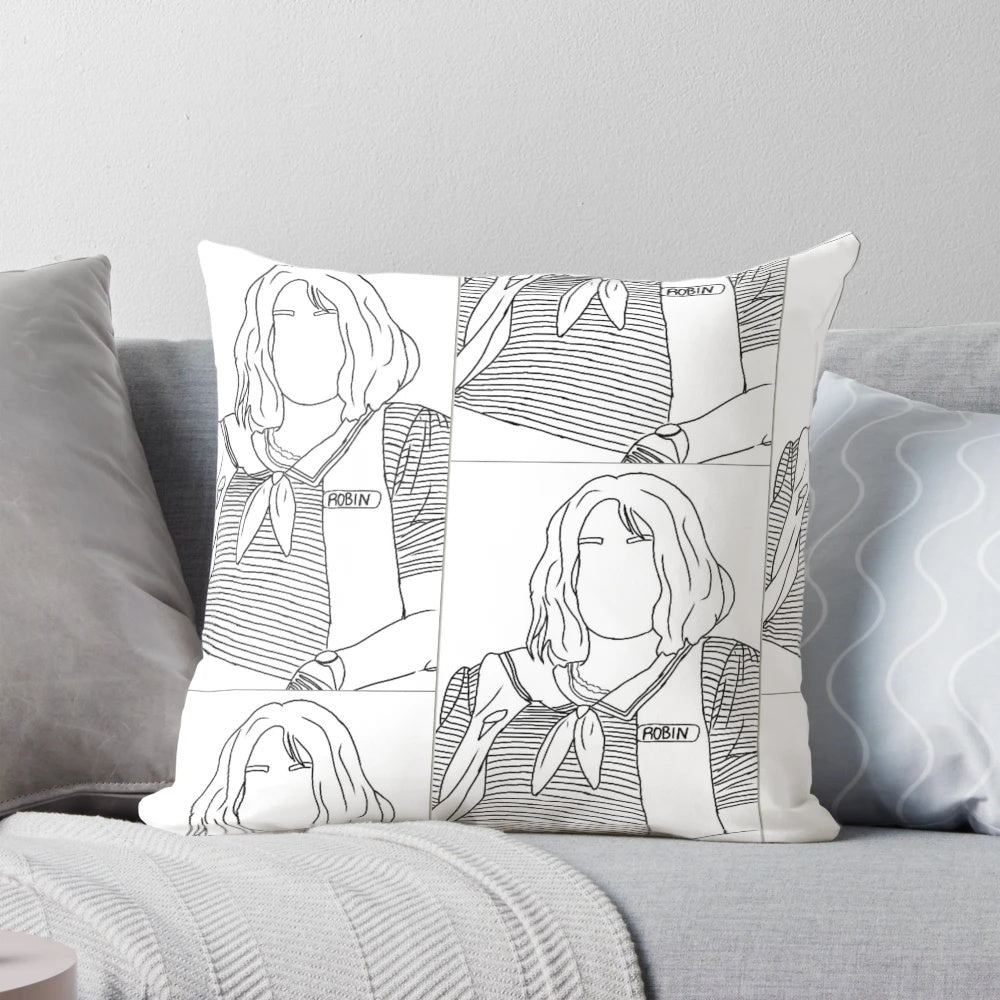 Illustration of Robin Buckley from Stranger Things on a black and white throw pillow