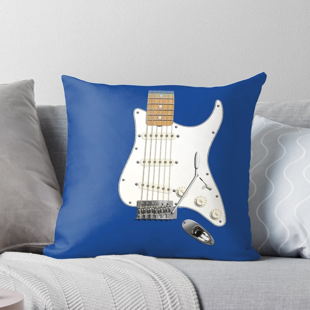 Strat style guitar digital illustration printed on a comfortable pillow for music enthusiasts.