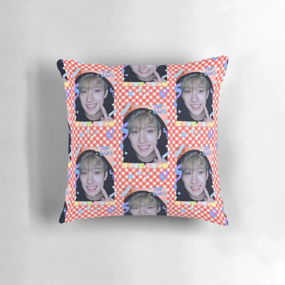 Stray Kids Bangchan decorative pillow featuring a kawaii design with photocard and selca elements