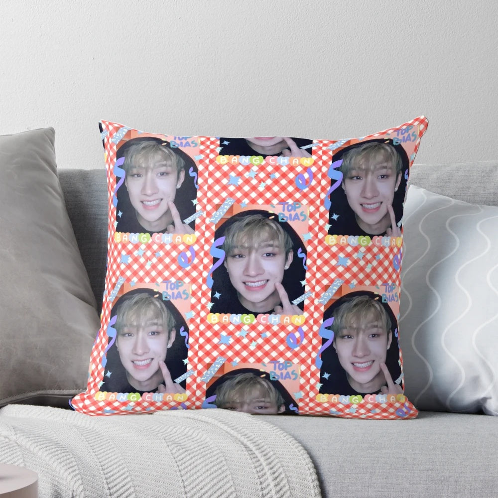 Stray Kids Bangchan decorative pillow featuring a kawaii design with photocard and selca elements