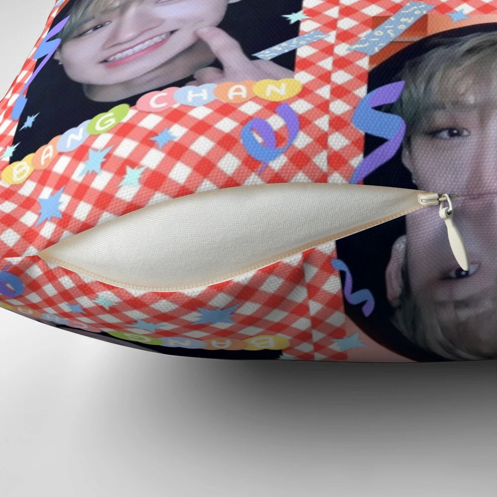 Stray Kids Bangchan decorative pillow featuring a kawaii design with photocard and selca elements